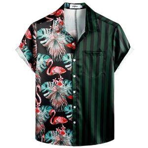 Hawaiian Flamingo Casual Tropical Short Sleeve Shirt Green Black